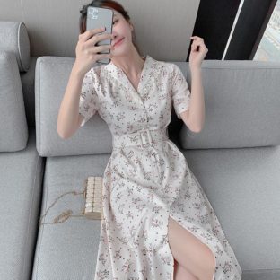 送料無料 韓国 ワンピース 夏 半袖 花柄 シフォン