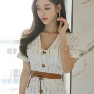 送料無料 韓国 ワンピース 夏 半袖 ストライプ タイト