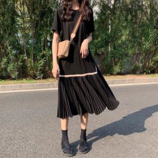 送料無料 韓国 ワンピースス ヴィンテージ プリーツ スカート 夏