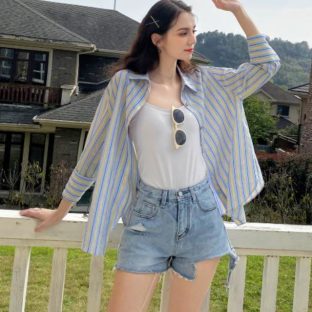 送料無斁E韓国 トップス シャチE夁E長袁EストライチE1