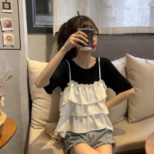 送料無料 韓国 ツーピース Tシャツ+フリルキャミソール シフォン