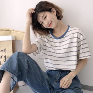 送料無斁E韓国 トップス TシャチE半袁E夁EストライチE1