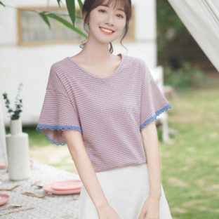 送料無斁E韓国 トップス TシャチE夁E半袁EストライチEVネック