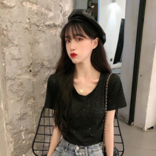 送料無料 韓国 トップス Tシャツ 半袖 夏 レトロ ラウンドネック