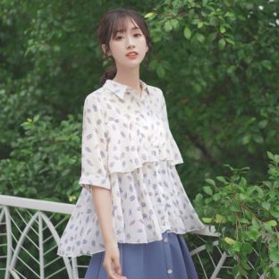 送料無斁E韓国 トップス フリル シフォンシャチE夁E半袁E1