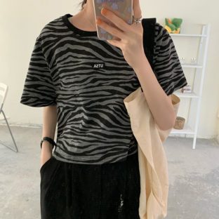 送料無料 韓国 トップス Tシャツ 半袖 夏 ゼブラ柄 ラウンドネック