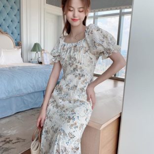 送料無料 韓国 ワンピース 夏 半袖 パフスリーブ 花柄