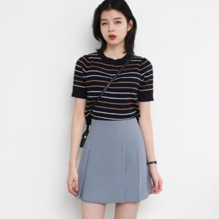 送料無料 韓国 トップス 夏 半袖 ニット レトロ ストライプ ラウンドネック