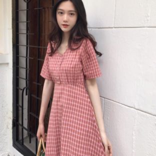 送料無料 韓国 ワンピース 夏 半袖 チェック柄 Vネック