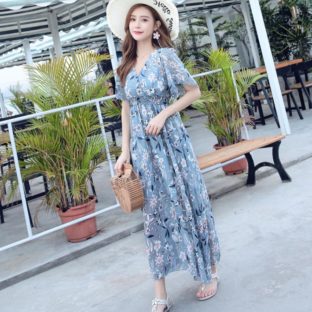 送料無料 韓国 ワンピース 夏 半袖 花柄 シフォン ハイウエスト