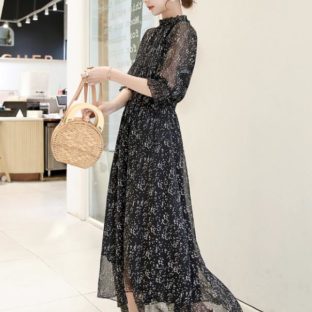 送料無料 韓国 ワンピース 夏 半袖 ラグランスリーブ ロングスカート 花柄