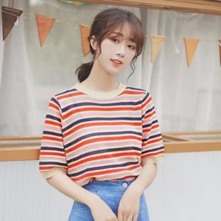 送料無料 韓国 トップス Tシャツ 夏 半袖 サマーニット ストライプ