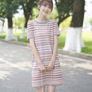 送料無料 韓国 ワンピース 夏 半袖 ストライプ ラウンドネック