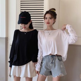 送料無料 韓国 トップス Tシャツ 長袖 夏 バックレス パールチェーン