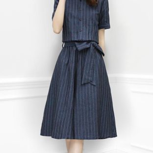 送料無料 韓国 ワンピース 夏 半袖 ストライプ シャツ スカート