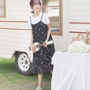 送料無料 韓国 ツーピース トップス+キャミソールワンピース 夏 半袖