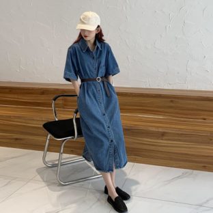 送料無料 韓国 ワンピース 夏 半袖 デニム シャツ