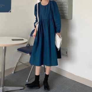 送料無料 韓国 ワンピース 秋 長袖 ラウンドネック ミドル丈