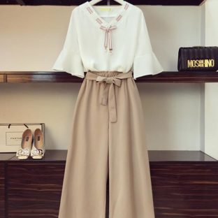 送料無料 韓国 ツーピース シフォンシャツ ワイドレッグパンツ リボン