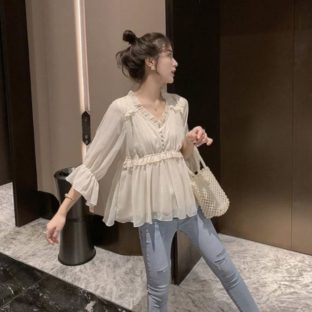 送料無料 韓国 トップス シフォンシャツ 夏 秋 七分袖