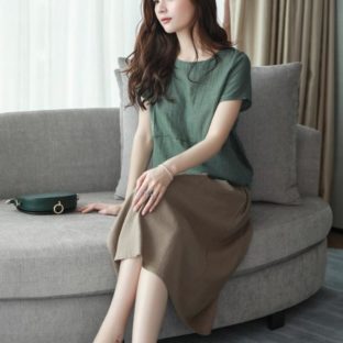 送料無料 韓国 ツーピース 夏 半袖 Tシャツ スカート ミドル丈 ラウンドネック