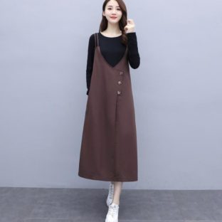 送料無料 韓国 ツーピース 夏 秋 長袖 Tシャツ キャミソールワンピース ロング