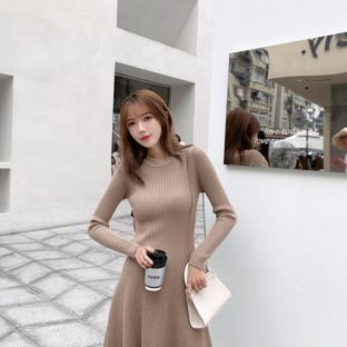 送料無料 韓国 トップス 秋 冬 ワンピース ニットドレス 長袖 ラウンドネック