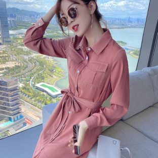 送料無料 韓国 ワンピース 秋 長袖 ハイウエスト ミドル丈