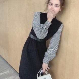 送料無料 韓国 ワンピース シャツニットドレス 秋 長袖 ロングセーター