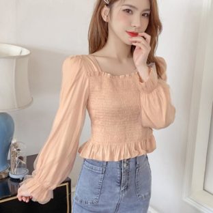 送料無斁E韓国 トップス 春 私EハイウエスチEショーチE長袁EランタンスリーチE1