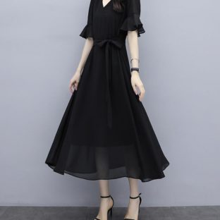 送料無料 韓国 ワンピース 夏 半袖 フレア袖 ロング丈