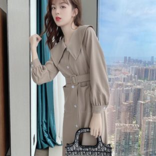 送料無料 韓国 ワンピース 秋 ハイウエスト 長袖 エレガント