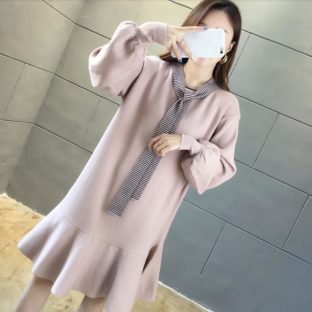 送料無料 韓国 ワンピース 秋 冬 長袖 フリルスカート ランタンスリーブ