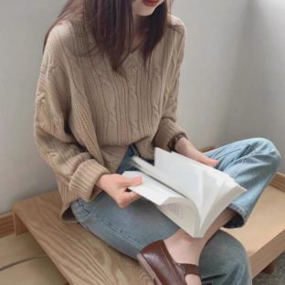 送料無料 ニット 韓国 ラグラン スリーブ レトロ おしゃれ セーター Vネック 春 秋