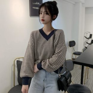 送料無料 韓国 セーター Vネック ストライプ 春 秋 長袖 オーバーサイズ ゆったり