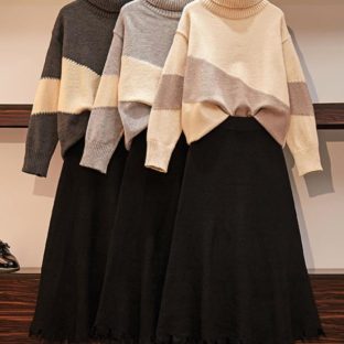 送料無料 韓国 ツーピース セーター スカート 長袖 ゆったり 大きめ
