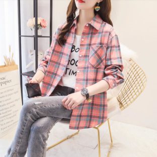 送料無料 韓国 トップス シャツ 秋 長袖 チェック柄