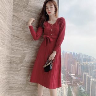 送料無料 韓国 ワンピース 秋 冬 ハイウエスト ニットドレス ミドル丈