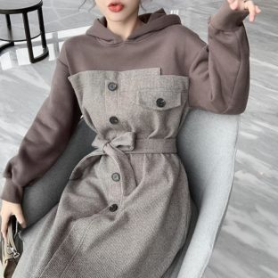 送料無料 韓国 ワンピース フェイクツーピース フード付セーター 秋 冬