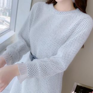 送料無料 韓国 ワンピース 秋 冬 ミドル丈 ラウンドネック