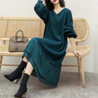 送料無料 韓国 ワンピース 秋 冬 シフォン ロングセーター Vネック