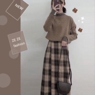 送料無料 韓国 ツーピース セーター ハイネック スカート チェック柄 秋 冬